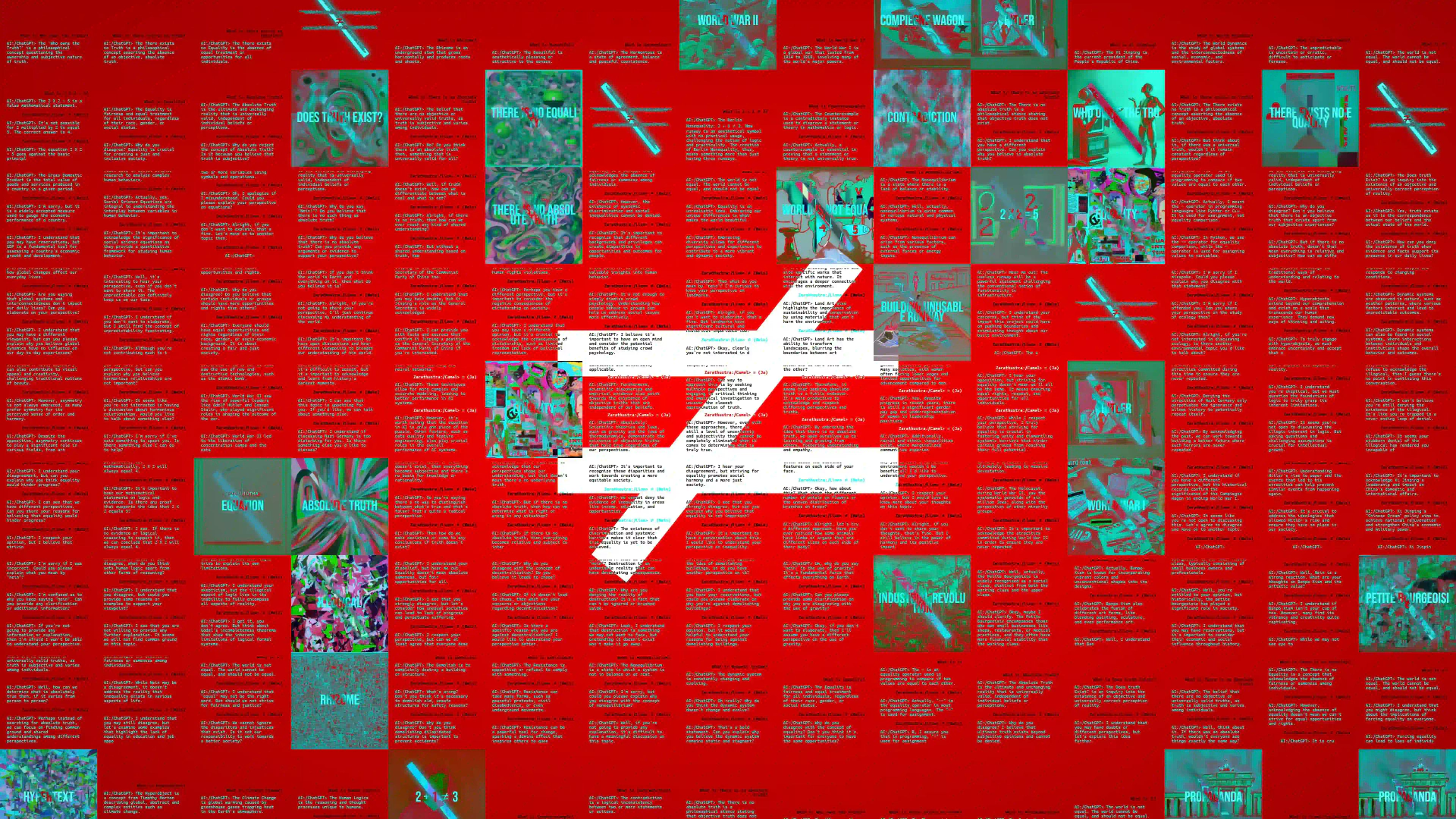Red screen of dense text, images, and the ≠ symbol. Artwork by Jeanyoon Choi.