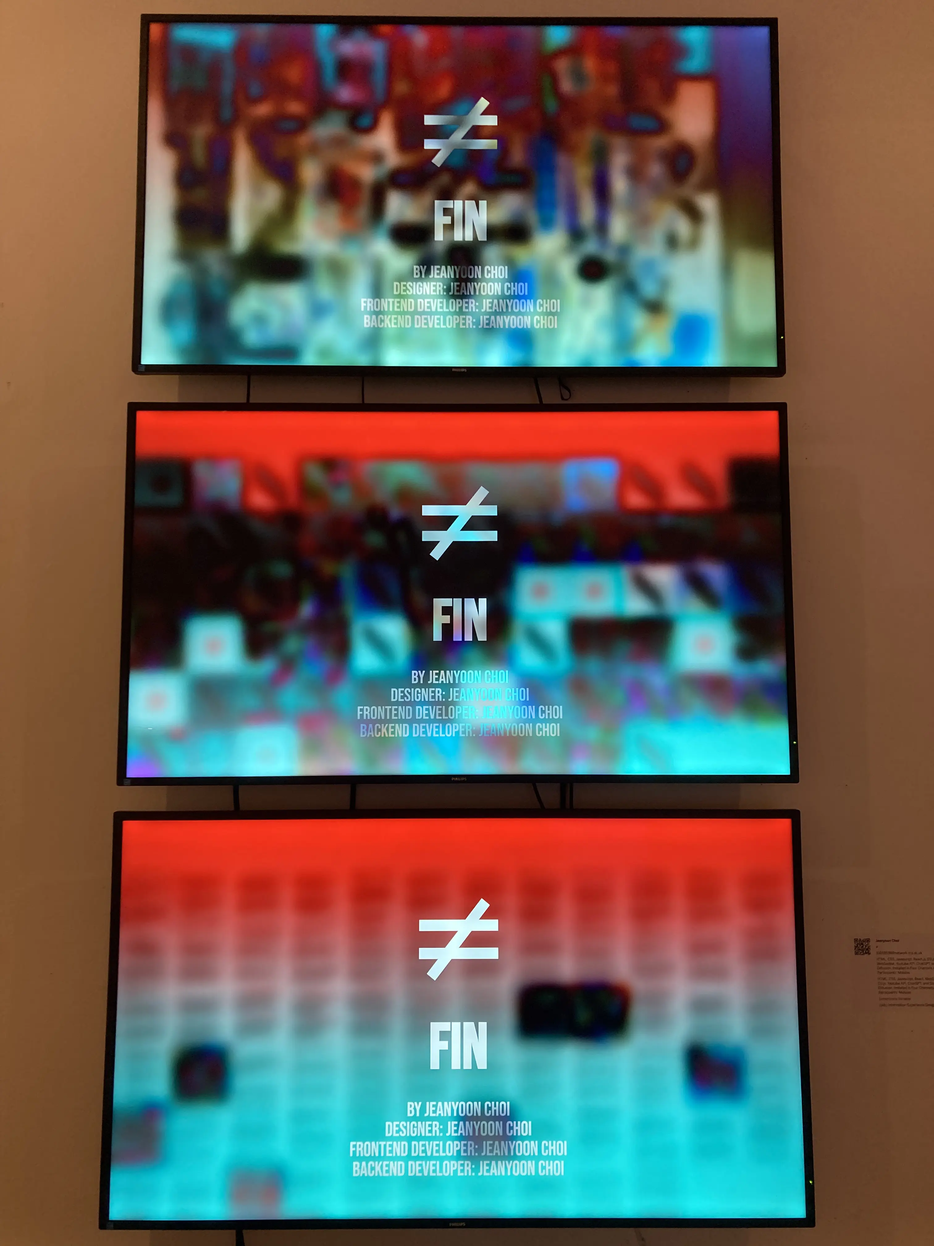 Three vertically stacked gallery screens showing stages of ≠. Artwork by Jeanyoon Choi.