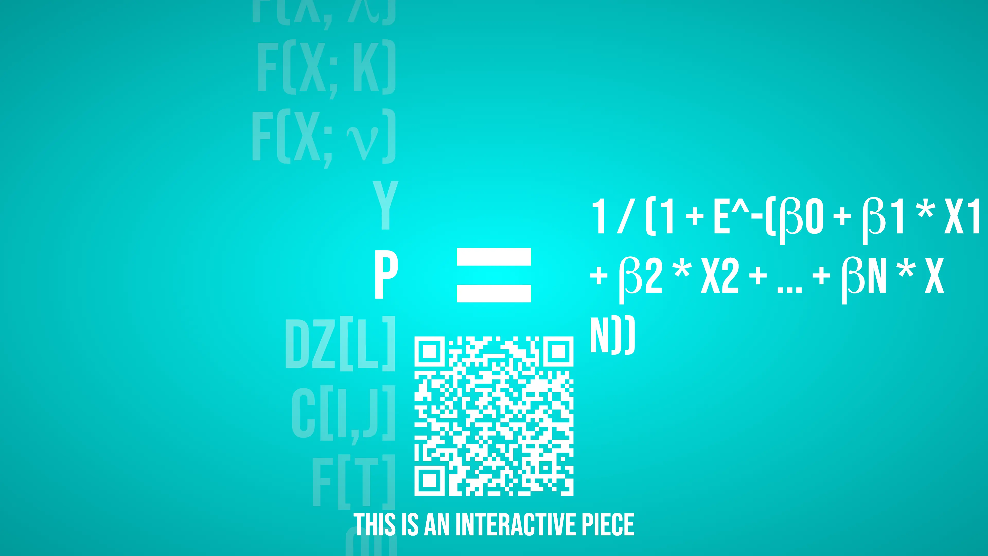 Turquoise introductory ≠ screen with equations and a QR code. Artwork by Jeanyoon Choi.
