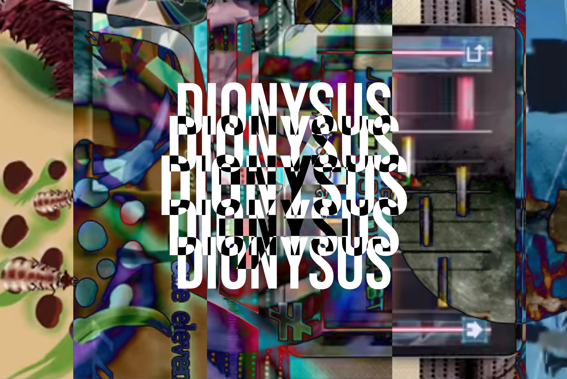 ≠ (Nonequality): dionysus text over layered moving imagery in the artwork. Artwork by Jeanyoon Choi.