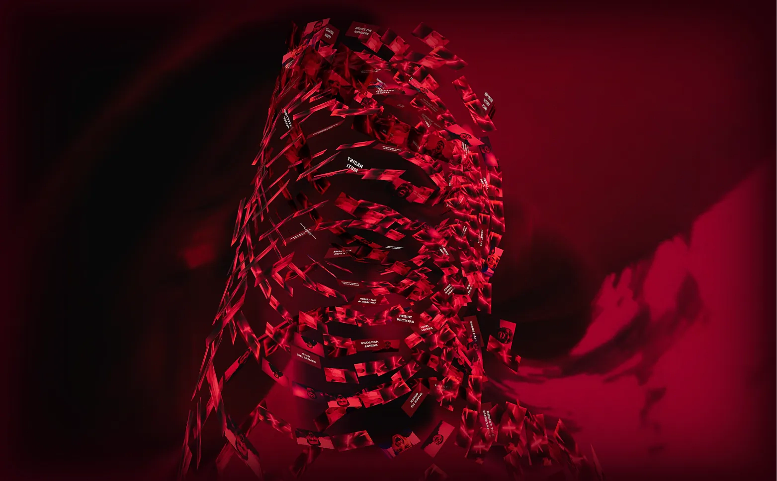 Ω: red fragmented image structure against a dark background. Artwork by Jeanyoon Choi.