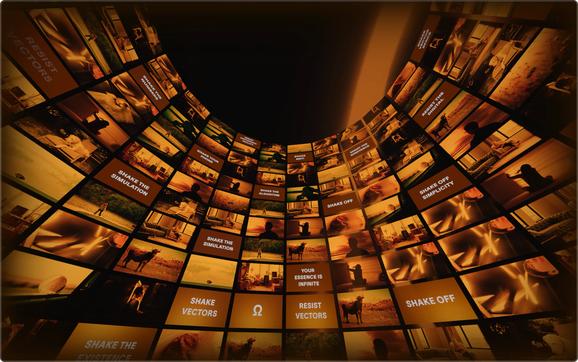 Ω: orange cylindrical virtual image space composed of classified media panels. Artwork by Jeanyoon Choi.