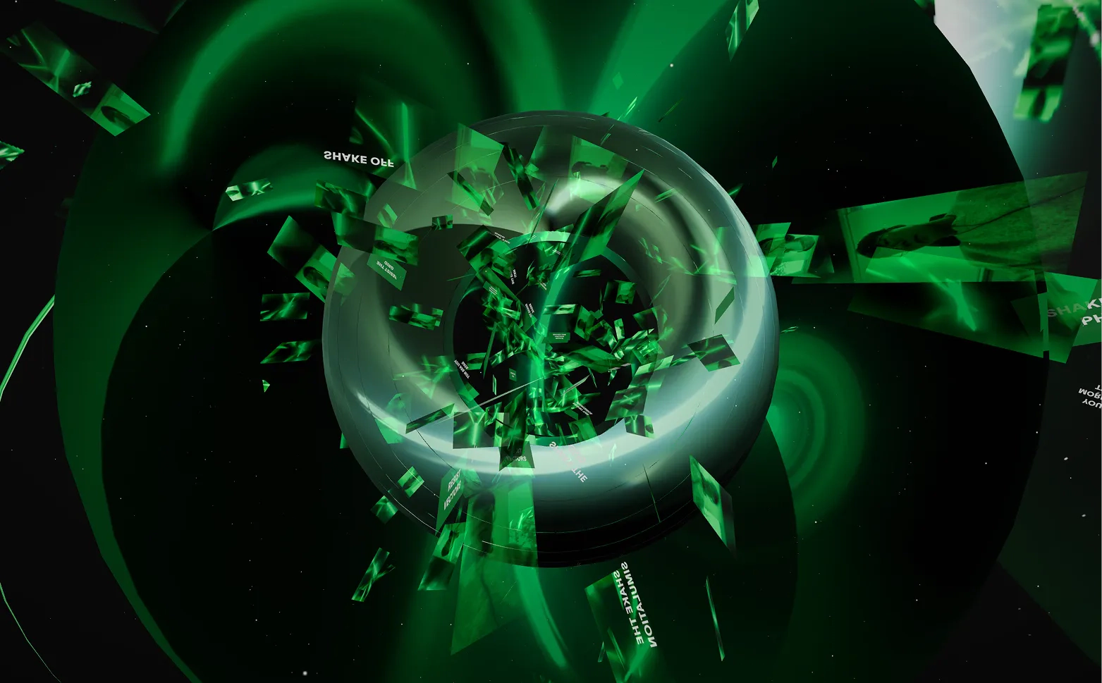 Ω: green fragments and curved forms after the vector space breaks down. Artwork by Jeanyoon Choi.
