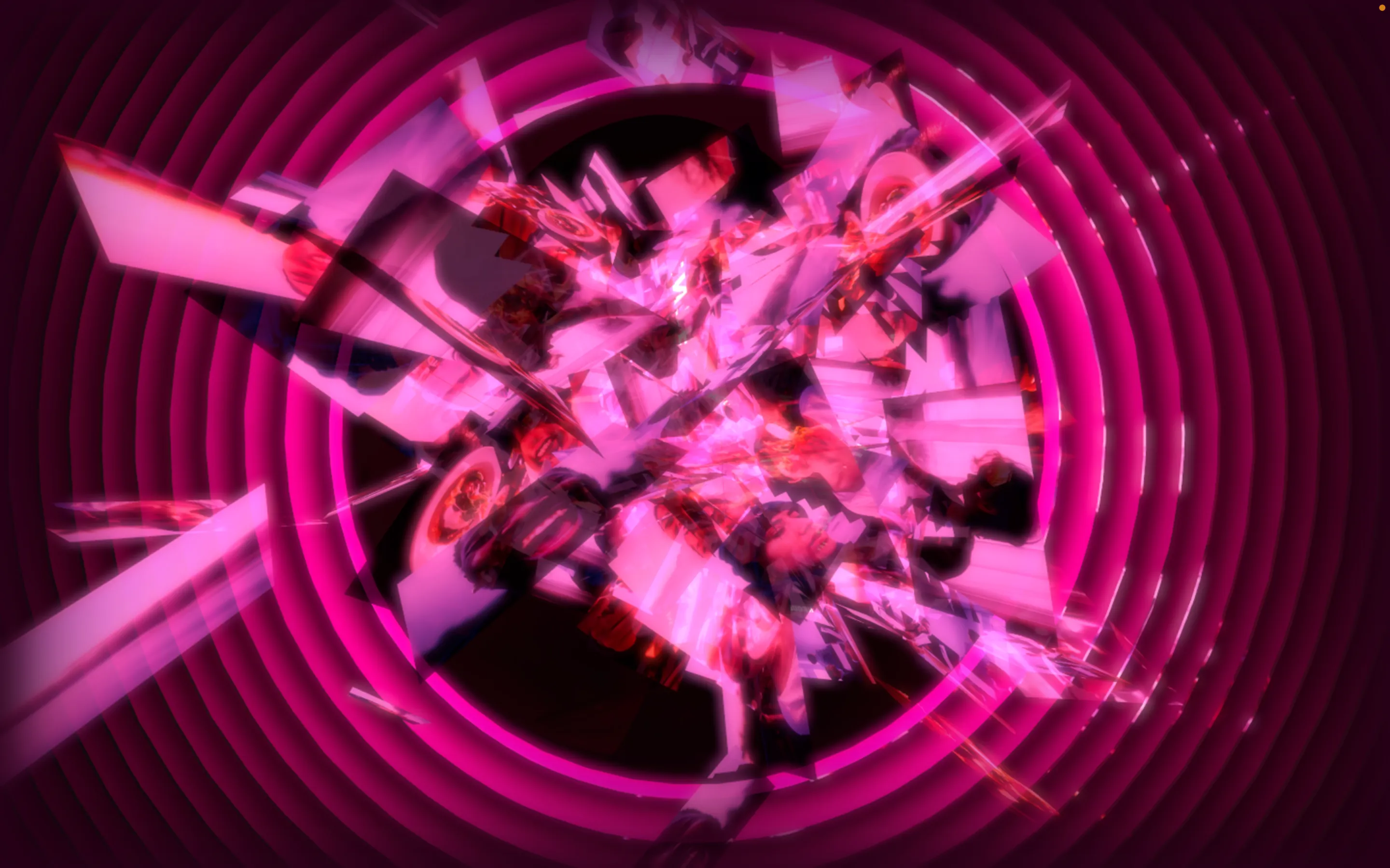 Magenta circular formation of fragmented images in Ω. Artwork by Jeanyoon Choi.
