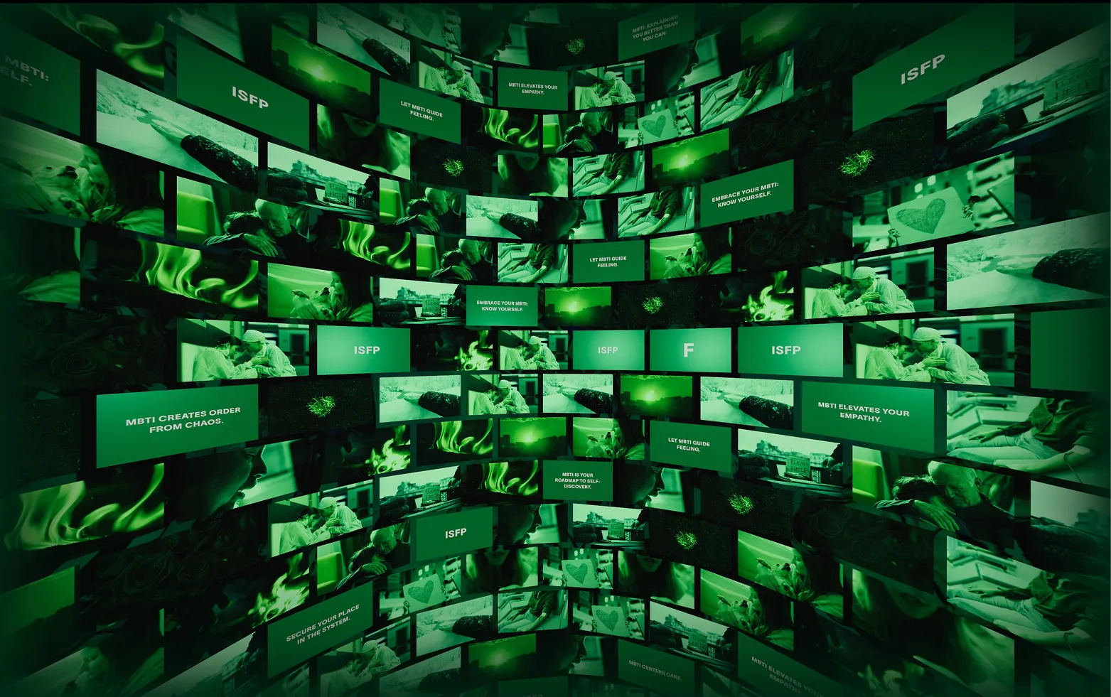Ω: green cylindrical vector space composed of many classified image panels. Artwork by Jeanyoon Choi.