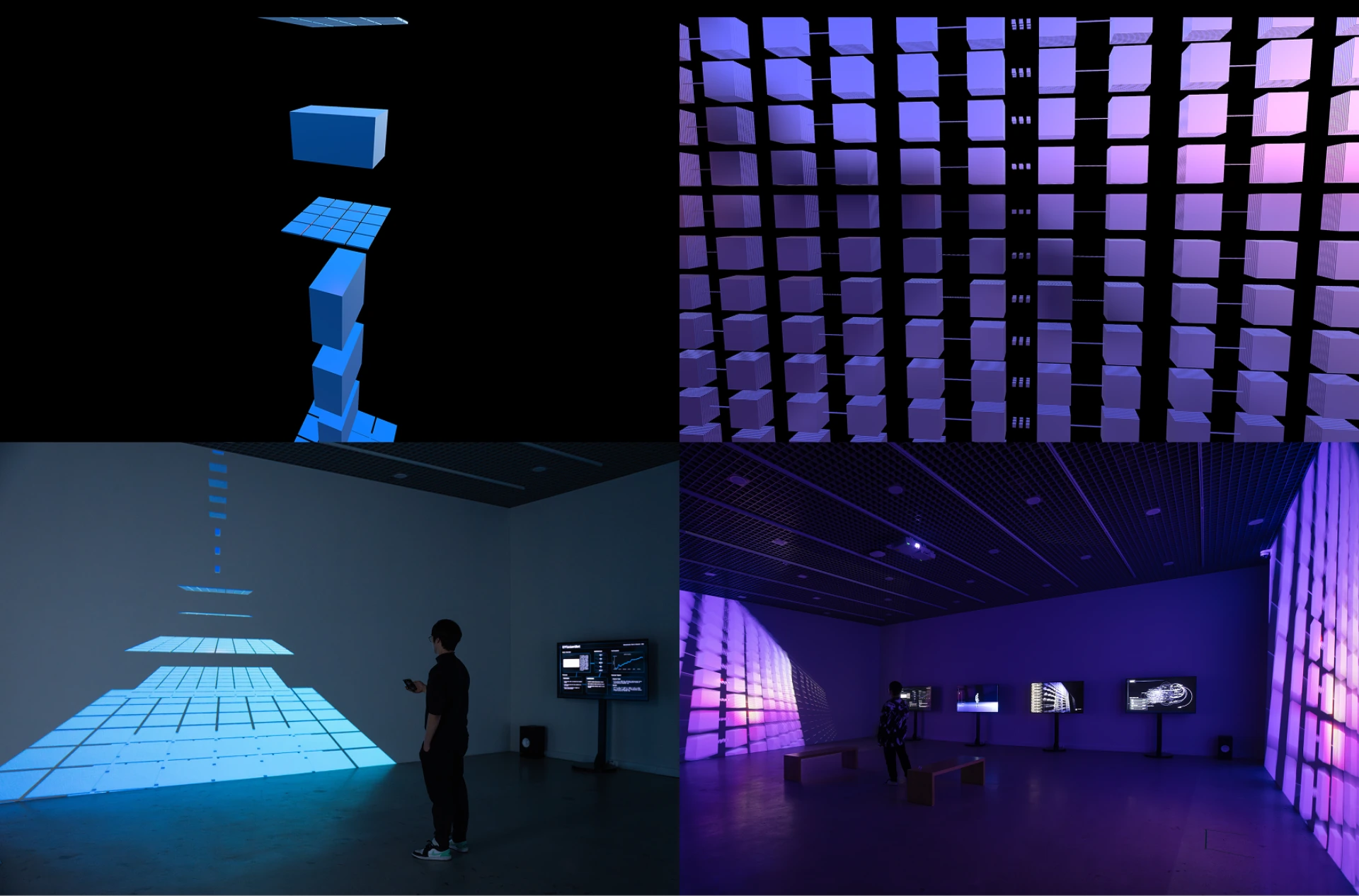 Neural-network model visuals and corresponding SoTA installation views. Artwork by Jeanyoon Choi, Euan Kang, SeJoon Park, Minhyeok Seo, Prof. Yiyun Kang.