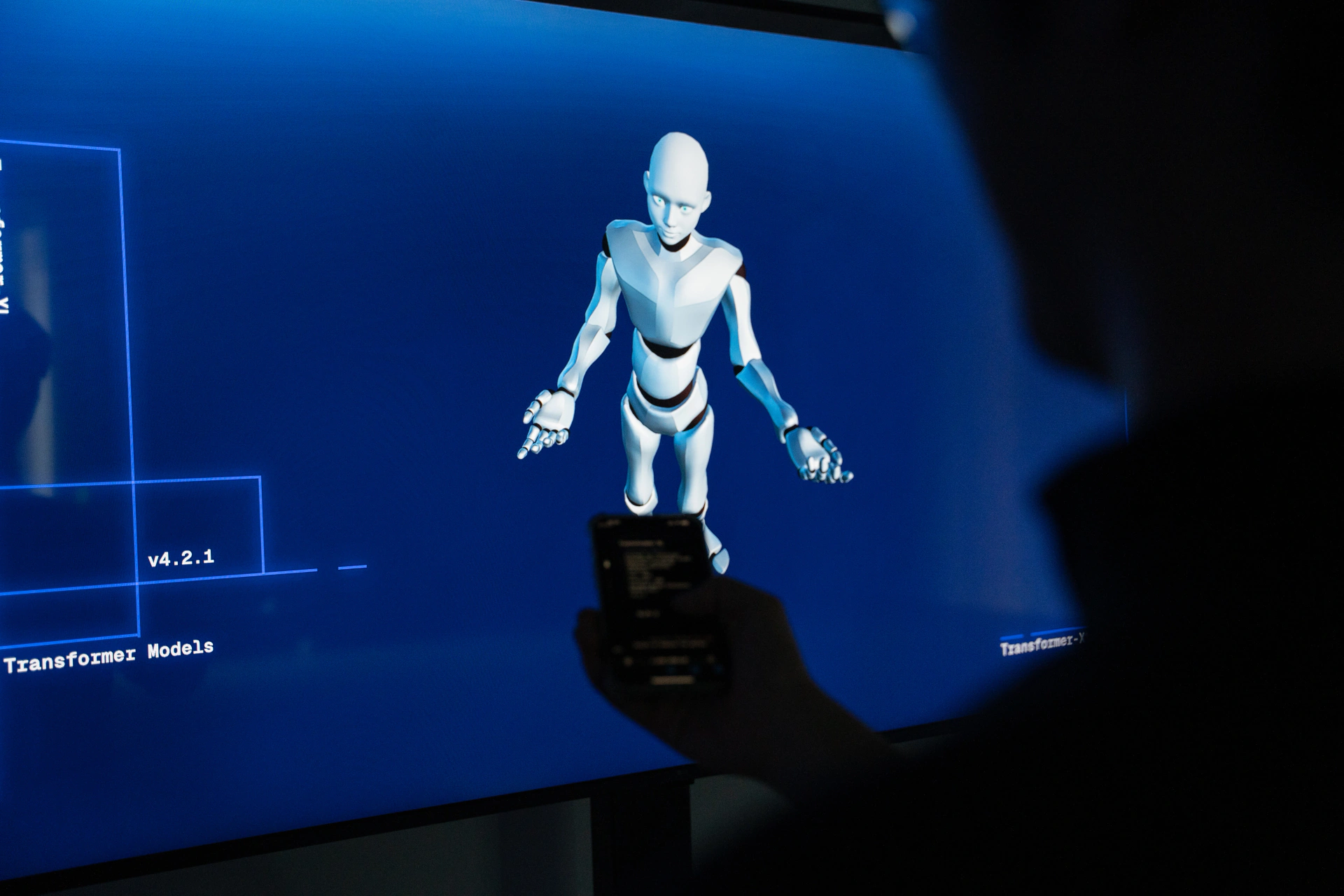 SoTA: phone interaction in front of a visualised neural-network avatar. Artwork by Jeanyoon Choi, Euan Kang, SeJoon Park, Minhyeok Seo, Prof. Yiyun Kang.