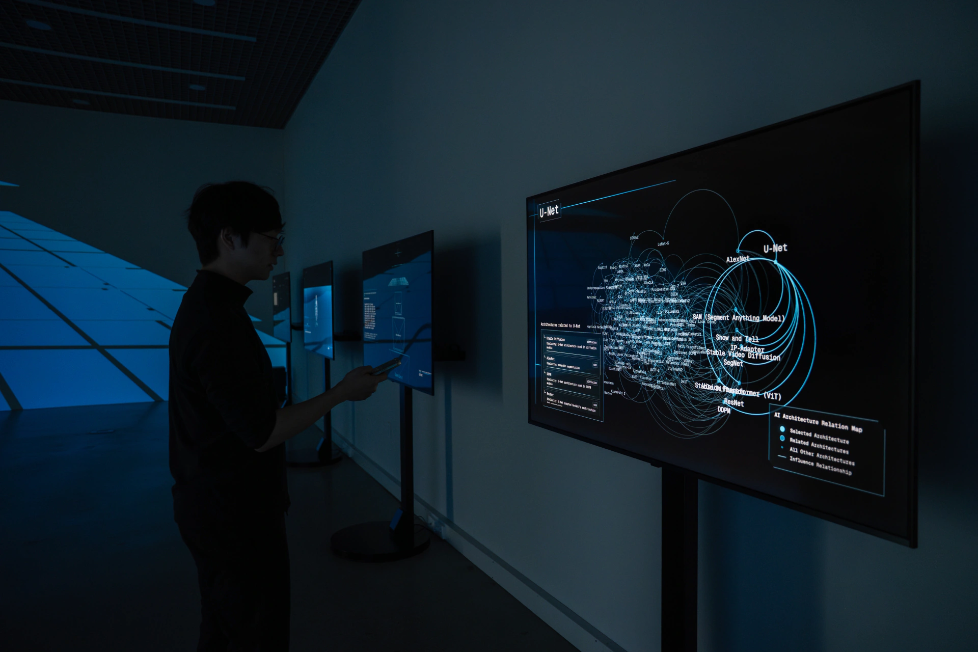 SoTA: visitor interacting beside a screen of neural-network visualisation. Artwork by Jeanyoon Choi, Euan Kang, SeJoon Park, Minhyeok Seo, Prof. Yiyun Kang.