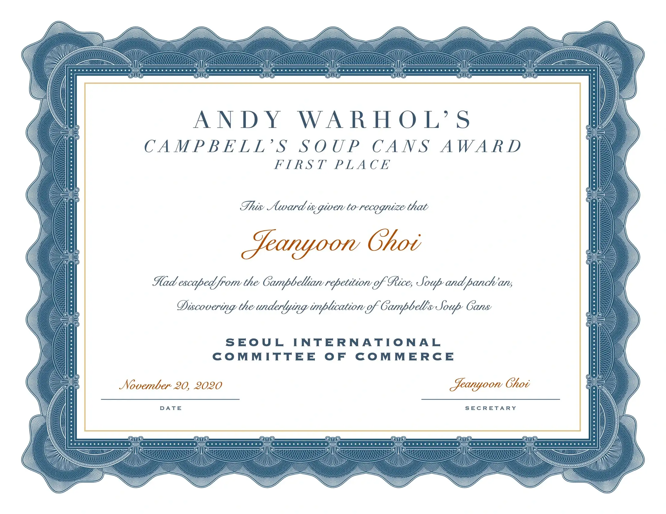 Andy Warhol's Campbell's Soup Cans Award (2021), documentation image 1, from Jeanyoon Choi's experiments.
